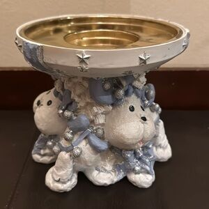 Vtg Candle Holder Features Glittery White and Blue Dogs w/Bows & Silver Balls